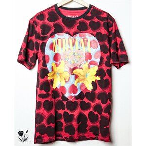 Nirvana Band T-Shirt 2016 Heart Floral Graphic Red Black All Over Print Size S